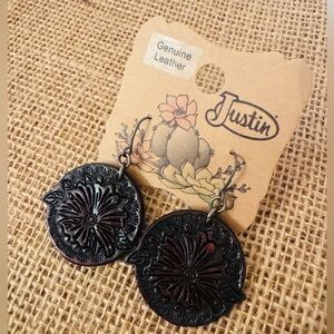 Justin Womens Genuine Leather Tooled Round Dangle Earrings Southwestern Style
